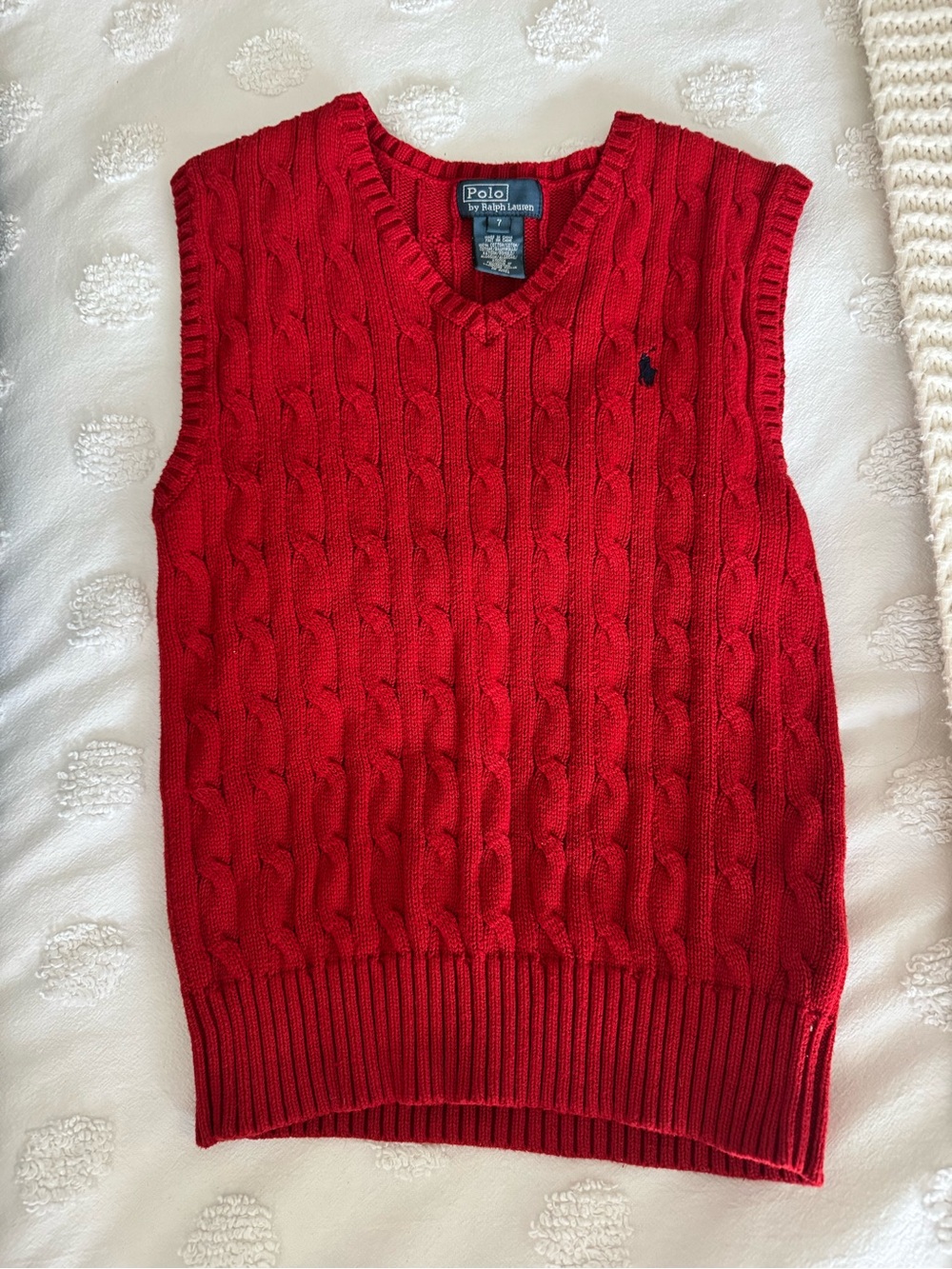 Polo by Ralph Lauren Red Cable Knit V-Neck Sweater Vest with Navy Pony